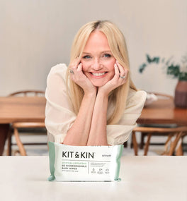 Spice Girl Emma Bunton with a pack of Kit & Kin eco wipes