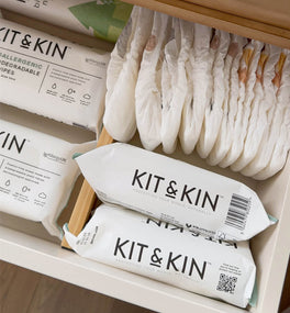 A nursery drawer full of Kit & Kin eco friendly wipes - the best wipes for newborns
